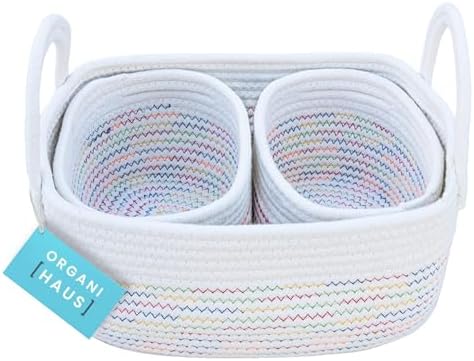 OrganiHaus 5-Piece White Cotton Rope Storage Baskets - Small Woven Organizer Bins For Bathroom, Nursery & Home