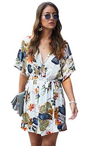 Angashion Women's Dresses- Casual Floral Deep V Neck Short Sleeve Tie Waist Mini Skater T Shirt Dress 032 White S