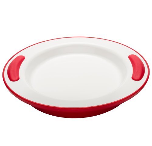 NRS Healthcare Red/White Soft Grip Keep Warm Thermo Plate, Dishwasher safe (but not removable bumper),not for use in Microwave (Eligible for VAT relief in the UK) by NRS Healthcare