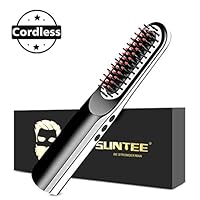 Suntee Beard Straightener for Men, Cordless Beard Straightener Brush with Anti Scald/LED Display/USB Rechargeable for Home & Travel, 3 in 1 Multifunctional Ionic Beard Straightening Heat Brush Comb