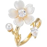 Kokoma Dainty Flower Leaf Ring for Women Cubic Zirconia Pearl White Flower Wrap Finger Band Crystal Engagement Promise Rings Open Statement Ring Adjustable Band