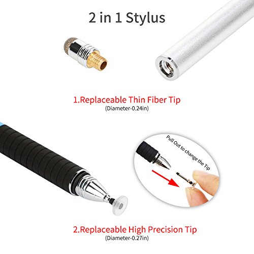 Healcity Premium Capacitive Stylus Pen,Disc & Fiber Tip 2 in 1 Series,Fine Point Stylus Tip,High Sensitivity & Precision,Universal on iPhone/ iPad/ Tablet/laptop and other Touch Screens (Silver)