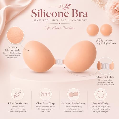 Bvanzo Stick On Bra for Women, Invisible Sticky Backless Strapless Push Up Bra with Sticky Bra Push Up, Skin Friendly and Breathable, Reusable Silicone Adhesive Bra