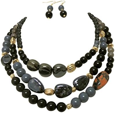 Chunky Layered Asymmetrical Acrylic Gray Black Faux-Stone Graduated Bead Necklace 18” Long w/ Earrings