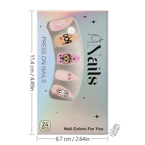 Halloween Press on Nails Short Almond Fake Nails Pink Acrylic Nails Press on Matte Full Cover False Nails with Cobweb Pumpkin Designs Halloween Cute Glue on Nails Short Stick on Nails for Women 24Pcs - Image 5