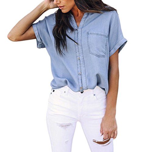 women's short sleeve blue jean shirt