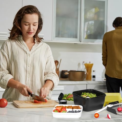 Greentainer Lunch Box 1500 ml 3 Removable Compartments, Fork + Dressing 2oz, Leakproof, BPA Free, Microwave Safe (No Lid), for Work, Picnic, Travel (Black)