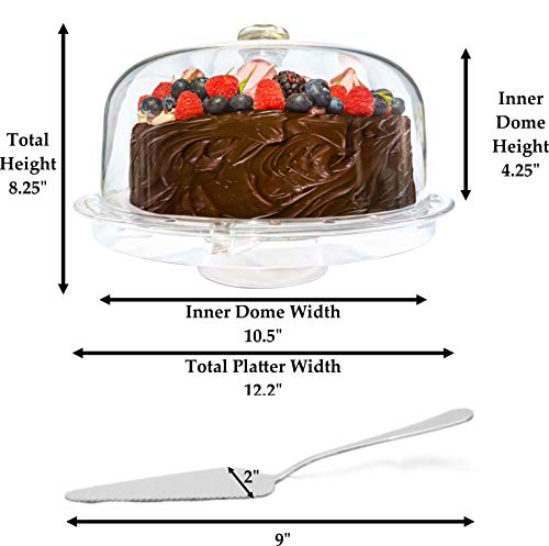 ImpiriLux Acrylic Cake Dome Stand and Multifunctional Serving Platter with Stainless Steel Cake Cutter Server for Desserts, Chips, Salads, Pastry and more