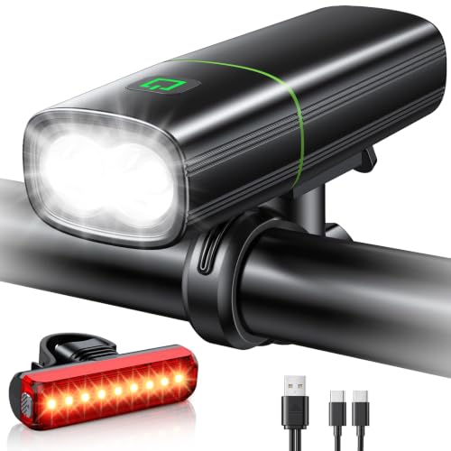 Mohard 1200LM Luz Bicicleta con 2 LED Alto Brillo, 2600mAh Recargable USB Luz Trasera Bicicleta, 3+5 Modos & Impermeable IP65, Luces Bicicleta Delantera y Trasera para Adultos Niños Carretera Montaña