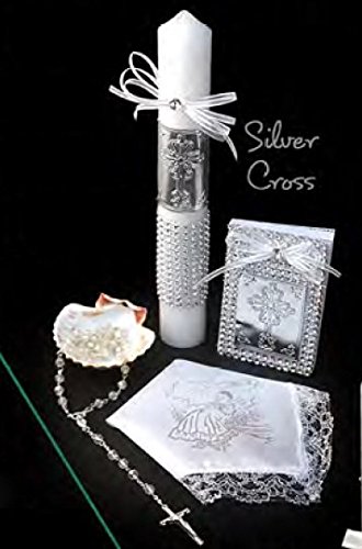 Spanish Handmade Christening/Baptism Set for Girl, Boy Cross Silver : Candle, Prayer Booklet, Dry Cloth, Sea Shell, and Rosary â€“Bautizo Religious Gift