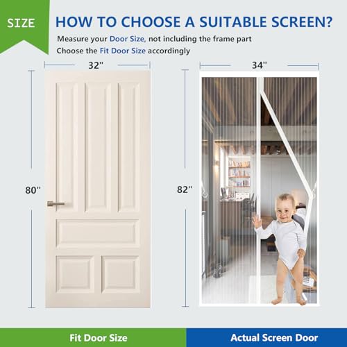 White Magnetic Screen Door Fits Door Size 32x80in Screen Size 34x82in Heavy Duty Mesh Full Frame With Magic Tape
