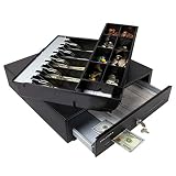 Cash Register Drawer for Point of Sale (POS) System with Fully Removable 2 Tier Cash Tray, 5 Bill/8 Coin, 24V, RJ11/RJ12 Key-Lock, Double Media Slot, Black