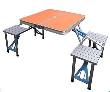 Elecktra Aluminium Portable Folding Camp Suitcase Table 4 Seater Attached Lawn Dining Bench And Chair Set For Garden Indoor Outdoor Orange