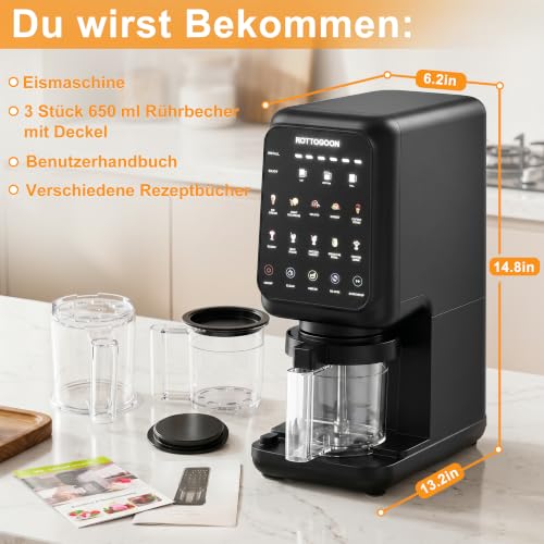 ROTTOGOON Ice Cream Maker with 3 Cups, 10 Programmes for Ice Cream, Sorbet Gelato & Frozen Yogurt, 2-in-1 Flavour Option, Soft Ice Cream Machine for Home with Mix In Function & Automatic Cleaning