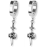 316L Stainless Steel Skull Dagger Huggie Hoop Dangling Earrings, Sold as a Pair