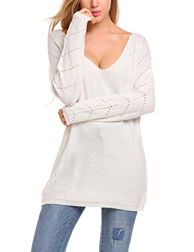ELESOL Womens Oversized Knitted Pullover Loose Tee Tops V-Neck Cashmere Wool Sweater White/S