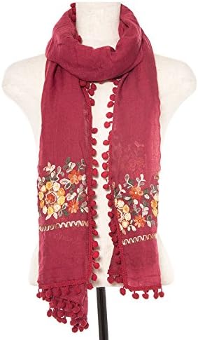Women's Embroidered Floral Pom Pom Trim Oblong Scarf (Burgundy-LOF593)