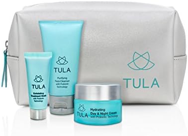 TULA Travel Skincare Gift Set with Probiotic Technology - Complete Travel Set with Purifying Cleanser, Hydrating Day &amp; Night Cream, and Exfoliating Treatment Mask with Plush Silk Sleep Mask