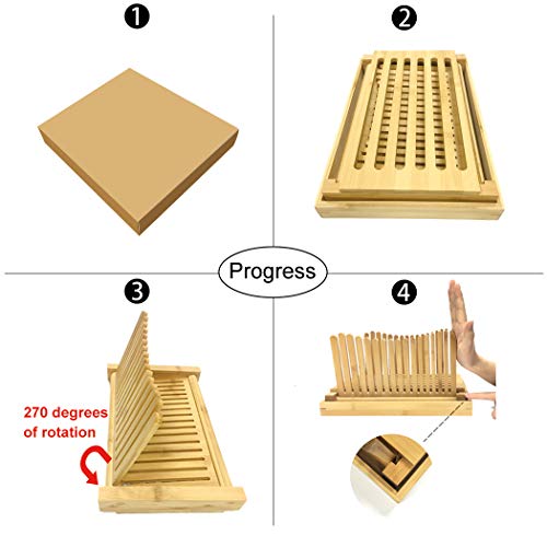Bamboo Bread Slicer, Foldable 3 Thickness Adjustable Bread Cutter with Crumb Catcher,100 bread bags and 100 golden twist ties for Homemade Bread & Loaf Cakes