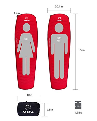 ATEPA Premium Compact Camping Pad Self Inflating Lightweight Sleeping Mat for Backpacking Hiking, TPU Coating, Comfortable, 1.4 Inch Thickness, Red
