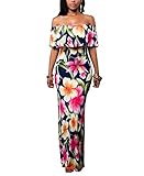 Suimiki Vintage Ruffle Plain Floral Printed Off Shoulder Bodycon Long Party Maxi Dress