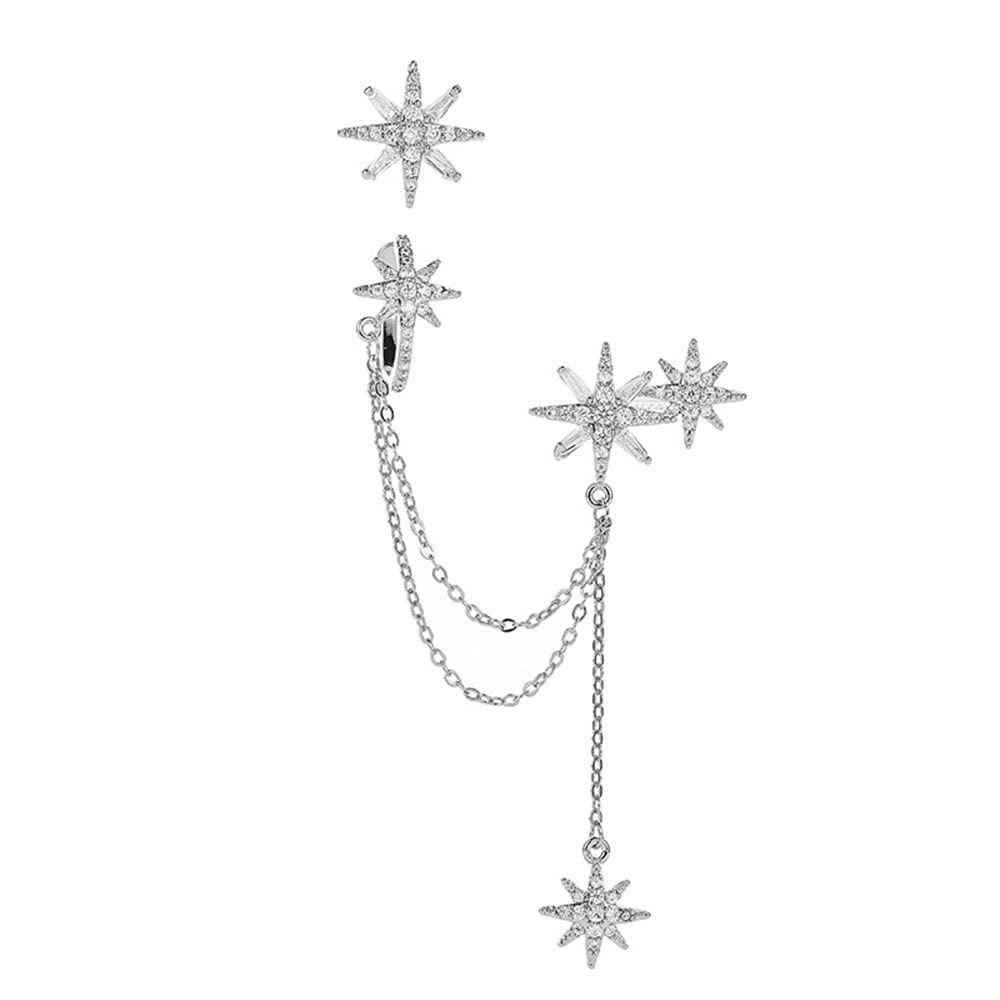 CZ Star Ear Cuff Tassel Stud Earrings for Women Girls Sterling Silver Post Pin Cubic Zirconia Charms Asymmetrical Huggie Star Small Hoop Cartilage Climber Crawler Wrap Dangle Drop Earring (Silver)