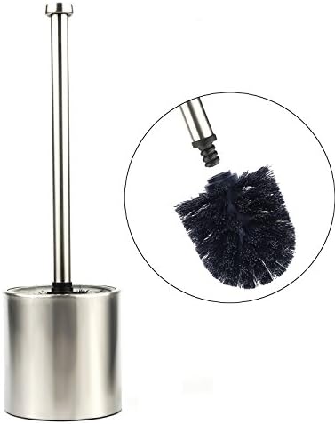 Toilet Brush and Holder, Strong Bristles Long Handle for Bathroom Deep Cleaning, Stainless Steel Heavy Base Glass Caddy (Black) (Black-1)