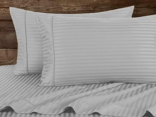 Rajlinen 4 Piece Attached Fitted Sheet 100% Cotton Waterbed Sheets (15 Inch Deep) Breathable 800-Thread-Count Ultra Soft Rich Egyptian Cotton (Queen, Light Grey Stripe)