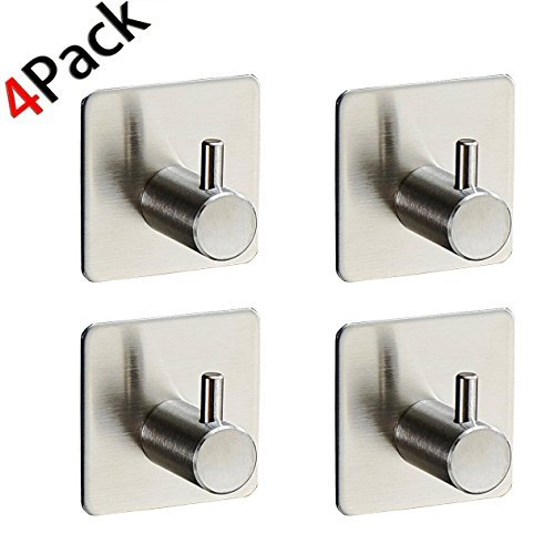 4-Pack Robe/Towel Hook 3M Self Adhesive SUS 304 Stainless Steel Brushed Nickel Bathroom Kitchen Organizer