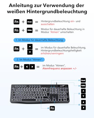 OMOTON Illuminated Keyboard, Cable PC Keyboard, QWERTZ White Illuminated with Large Pressure, 2 in 1 USB A/C for Seniors, Children, Visually Impaired for Windows with Multimedia Keys