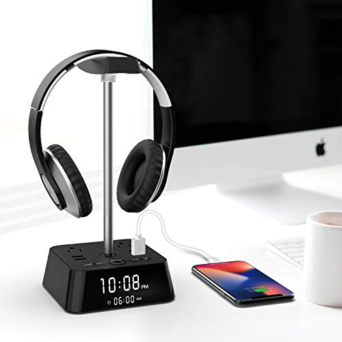 KDrive Headphone Stand with 4 USB Charging Port, 2 AC Outlet, LED Desk Lamp Lighting, HD Clock Display - Universal Sizes, Gaming Headset Hanger Organizer