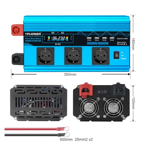 Yinleader Converter 12v 220v Pure Sine 3000W/6000W Pure Sine Inverter 3 European Sockets and 4 USB Ports LCD Voltage Display (with Remote Control)