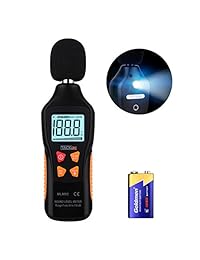 Decibel Meter, MLM02 Medidor de nivel de sonido digital con rango de medición de ruido 30 130 dBA, Max Min Hold Data, modo rápido lenta, pantalla LCD retroiluminada linterna (batería incluida) Nueva versión