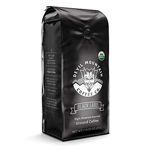 Devil Mountain Coffee Black Label Dark Roast Ground Coffee, Strong High Caffeine Coffee Grounds, USDA Organic, Fair Trade, Gourmet Artisan Roasted, Strongest Coffee in the World, 16 oz Bag