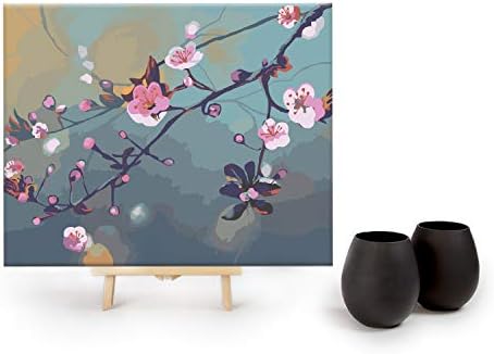 Drink by Numbers - DIY Paint by Numbers Kits for Adults by Big Betty - 16x20 Inches - Includes: 2 Matte Black Stemless Wine Glasses & 2 Cherry Blossom Canvases