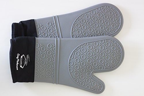 Silicone Oven Mitts: Extra Long Gray Gloves, Commercial Grade, Soft Quilted Cotton Lining-Waterproof, Hot Steam and Heat Resistant Up To 482°F-Comfortable to Wear, Easy To Clean