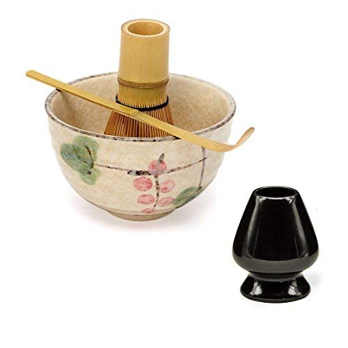 Complete Start Up Matcha Tea Kit - Retro Japanese Natural Bamboo Matcha Whisk (Chasen) - Scoop - Matcha Bowl - Whisk Holder - Ceremony Matcha tea Sets (Lotus flower, 4 PCS)