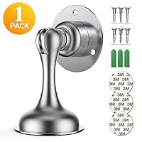 Door Stopper, 1 Pack Magnetic Door Stop, Soft-Catch Magnetic Door Catch, Door Hold Open, 3M Double-Sided Adhesive Tape, No Drilling, Screws for Stronger Wall Mount, Brushed Stainless Steel