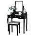 BEWISHOME Vanity Table Set with Mirror & Cushioned Stool Dressing Table Vanity Makeup Table 5 Drawers 2 Dividers Movable Organizers Black FST01H
