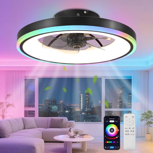 TYJY RGB Modern Silent Ceiling Fan with Light, 60 W Dimmable LED (3000 K-6500 K) RGB Ceiling Fans with Remote Control APP, Timer, 6 Speed, for Living Room, Bedroom, Black