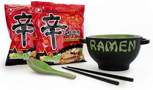 Japanese Ceramic Ramen Noodles Bowl Set Bundle With 2 Packs of Spicy Gourmet Noodles