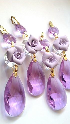 4 Clear Chandelier Crystal Prisms Lilac Teardrop Ornament with Roses