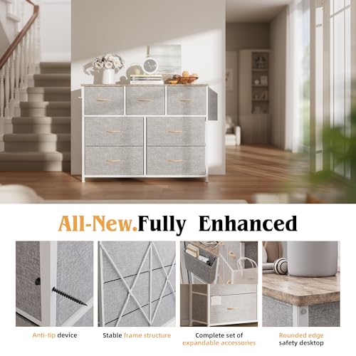 PURFINO Fabric Chest of Drawers - Fabric Chest of Drawers with 7 Large Drawers, Labels, Side Pocket and Hook for Living Room, Hallway, Bedroom (Light Grey)