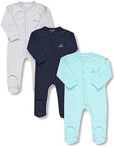 TuddyBuddy 100% Organic Cotton Multi Color Sleepsuit/Onesie/Romper for Baby Boy & Baby Girl (0-1 Month, Pack of 3 Footed Rompers - Grey Blue & Green)