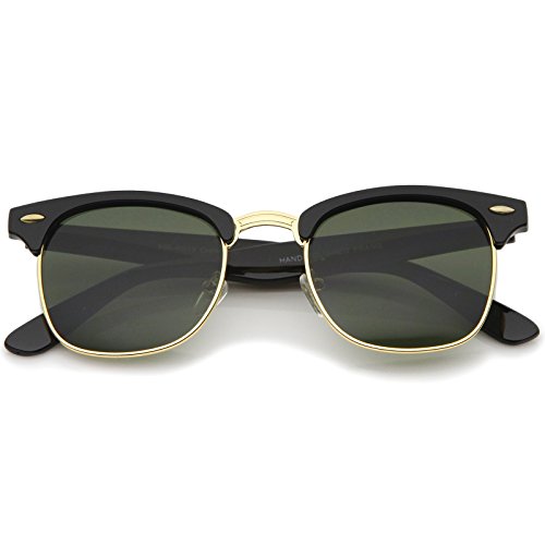 zeroUV - Premium Half Frame Horn Rimmed Sunglasses with Metal Rivets (Black-Gold / Green)