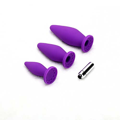Anal Trainer Kit - 3 Butt Plugs Set with Suction Cups and Vibrating Bullet - Unisex Anal Sex Toy for Beginner or Advanced Butt Play - Body Safe Silicone - Guaranteed Maximum Pleasure (Purple)