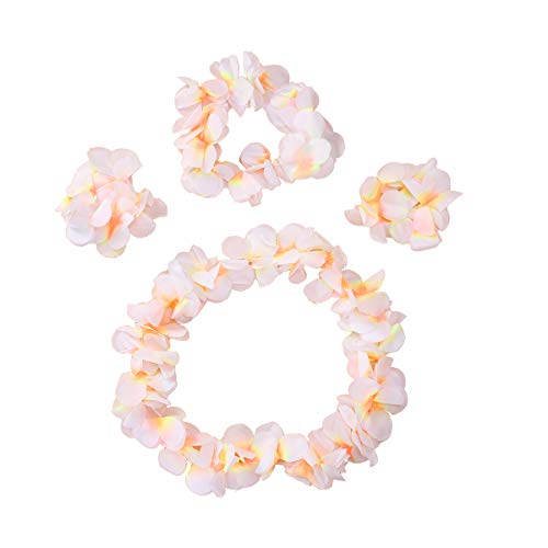 Toyvian 4Pcs/ Set Ruffled Simulated Silk Flower Hawaiian Leis Necklace Bracelets Flower Wreath Headband Floral Garland Crown Women Girls Headwear for Luau Party Supplies Favors (White)
