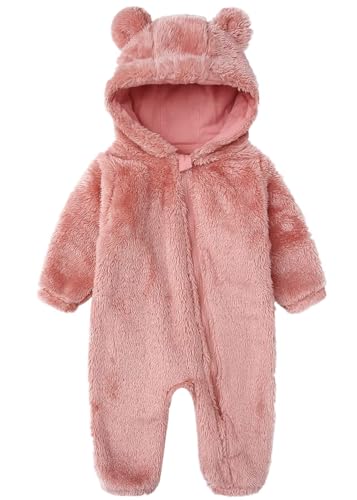 CAHL&FAUO Newborn Snowsuit Baby Cartoon Bear Jumpsuit Warm Fleece Hooded Romper (Pink, 12-18M) at Amazon