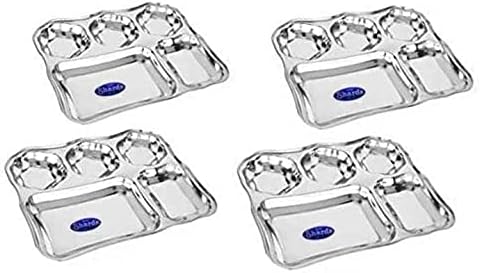 Sharda Metals Stainless Steel 5 in 1 Bhojan Thali Deep Partition Compartments Lunch Dinner Plates – Set of 4