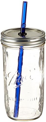 KOBO Art Garden 9" Glass Straw (Blue with Heart Stamp) and 24oz Wide Mouth Jar Set